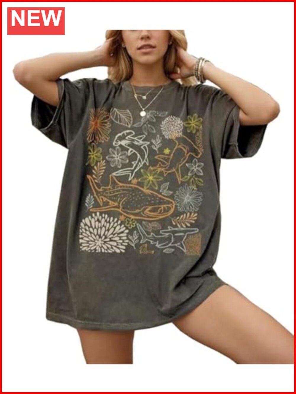 Oversized Cotton Blend Shark Graphic Tee for Women Short Sleeve Casual